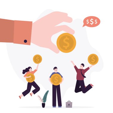 Maaş ve kar paylarının ödenmesi için para elinde. Patron maaş çekini ver. Maaş günü, kazanç. Altın sikkeleri olan bir grup mutlu yönetici. Çalışanlar maaş alıyor. Moda düz vektör illüstrasyonu