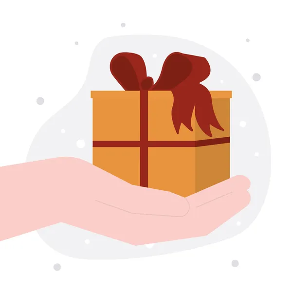 男性の手はクリスマスや誕生日の贈り物を保持 リボンと弓と漫画の休日のボックス 贈り物の概念を提示します 驚きだ 白い背景に隔離されている 平面ベクトル図 — ストックベクタ