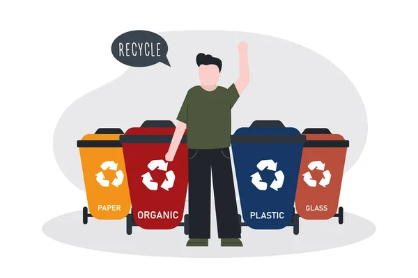 Karikaturista povyšuje všechny, aby oddělili a recyklovali odpadky. Oddělení a recyklace různých odpadů. Shromažďování, třídění a regenerace odpadů — Stockový vektor