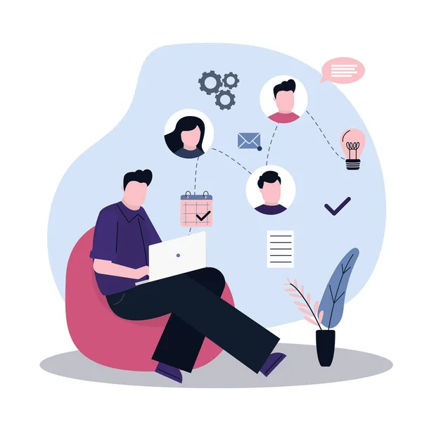 Man working and outsourcing from home. Sitting guy video calling team online and sharing files. Idea of teamwork and project delegation — Stock Vector