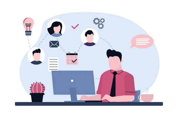 Cartoon man working and outsourcing on computer. Handsome guy video calling virtual team online. Idea of teamwork and project delegation — Stock Vector