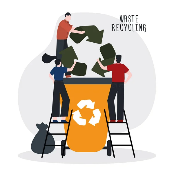 Tecknade små människor som håller återvinningsskylt under soptunnan. Återvinning och sortering av avfall. Separationssopor. Insamling, avskiljning och återvinning av avfall — Stock vektor