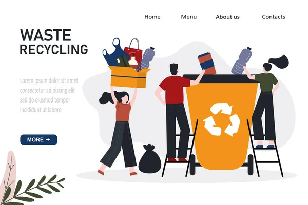 Cartoon mensen sorteren en gooien afval in blik. Recycling en sortering van afval. Scheiden en recyclen van afval. Afvalinzameling, scheiding en terugwinning — Stockvector