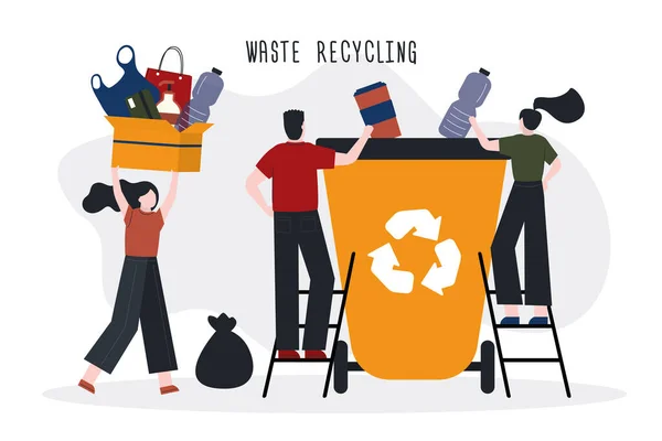 Tecknade människor sortera och kasta skräp i burk. Återvinning och sortering av avfall. Separation och återvinning av skräp. Insamling, avskiljning och återvinning av avfall — Stock vektor