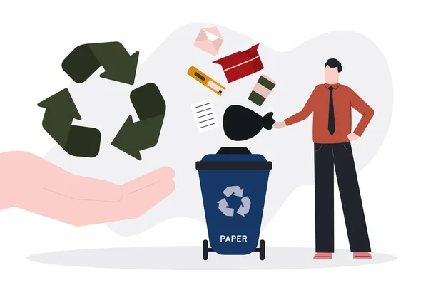Cartoon man sortera papper skräp i papperskorgen för återanvändning. Människans hand håller tecken på återvinning. En man som skyddar ekologin. Miljöskydd — Stock vektor