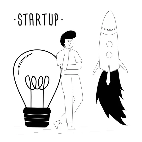 Entrepreneur standing near big idea bulb. New business project starting. Startup development process. Creative ideas, brainstorming. Startup launch, rocket takeoff. Doodle design. — Stock Vector