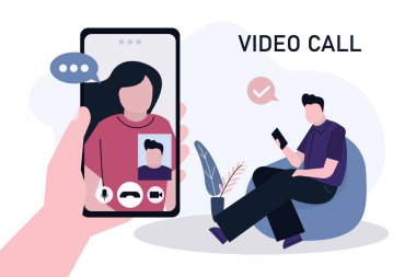 Çizgi film adamı videosu sevimli kızı çağırıyor. İnternet ağındaki iletişim ve konuşmalar. Konuşmak için cep telefonu ekranında çevrimiçi uygulama