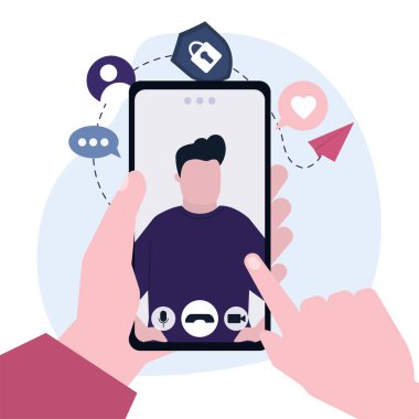 Videolu çizgi film karakteri. İnternet ağındaki iletişim ve konuşmalar. Konuşmak için cep telefonu ekranında çevrimiçi uygulama