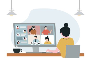 Bilgisayarın önündeki çizgi filmci kadın arıyor. İş yerinde serbest çalışan biri uygulamayla konuşuyor. İnternet iletişim kavramı