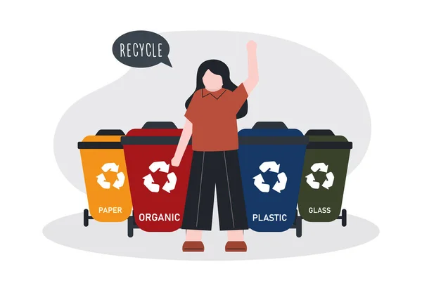 Roztomilá holka povyšuje všechny, aby oddělili a recyklovali odpadky. Oddělení a recyklace různých odpadů. Shromažďování, třídění a regenerace odpadů — Stockový vektor