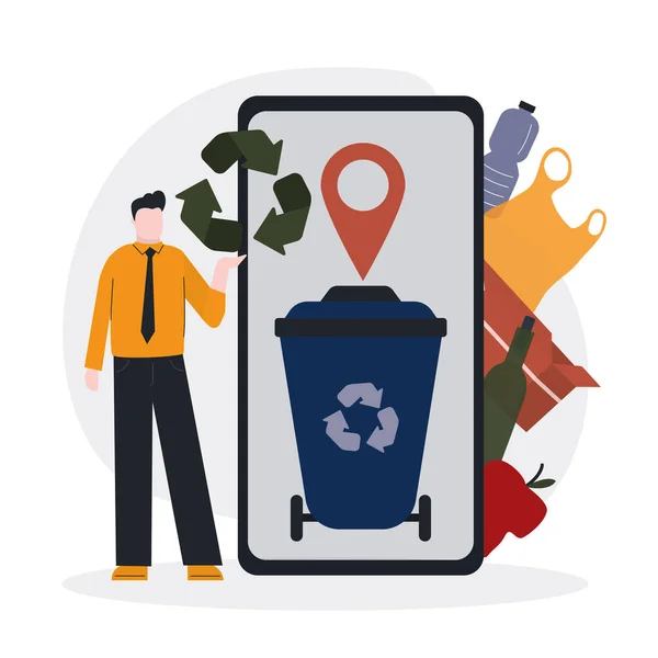Tecknad man med tecken på återvinning. Telefonskärm med mobil applikation för att hitta soptunnor för separering och återvinning av skräp. Insamling av avfall — Stock vektor