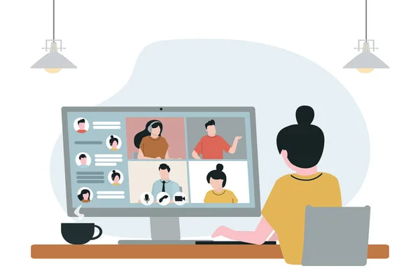 卡通片里的女人在电脑视频前在线呼叫。工作场所的自由职业者用应用程序聊天。互联网通信概念 — 图库矢量图片