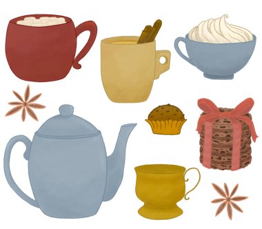 Bardaklar ve çaydanlıklar. Farklı modern bardakların koleksiyonu. Çaydanlıklı şirin fincanlar. Ev yapımı çikolatalı kurabiyeler. Noel çay seti. Yıldız anason. Noel kurabiyeleri. Kremalı kahve. Kakao.