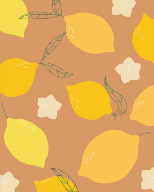 Limonlu meyve ve çiçekli bir dal. Dekor, kartpostallar, davetiyeler, afişler için minimalist illüstrasyon. Yüksek kaliteli illüstrasyon