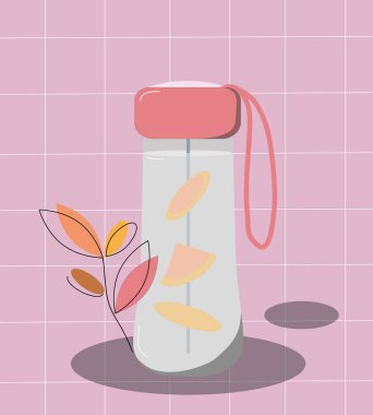 Limonlu termo bardak. İçki için bir şişe. Doğal çevre dostu ürünler. Düz çizim cam şişe. Su götürür. Kendi şişeni getir. Düz vektör şişesi. Sıfır yaşam tarzı. Gezegeni ve ekolojiyi kurtaralım.. 