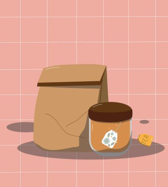 Çay poşetiyle bir fincan çay. Bir fincan çay ve el işi poşeti..