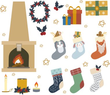 Yılbaşı vektörü koleksiyonu. Kış eşyaları koleksiyonu. Sıcak kışın vektör kümesi. Şömine, Noel çelengi, Noel çorapları, Noel hediyeleri ve mumlar..