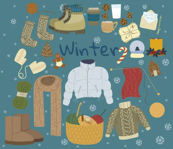 Handgetekende mode illustratie. Creatieve inkt kunstwerk. Werkelijke gezellige vectortekening. Winter set: kleding, schoenen, accessoires, eten, drinken, dingen — Stockvector