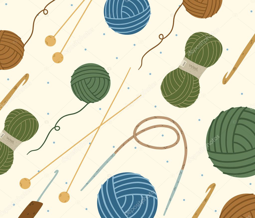 Knitting set vector. Background with knitting. Pattern with multi-colored balls of yarn and knitting needles. Cartoon style.