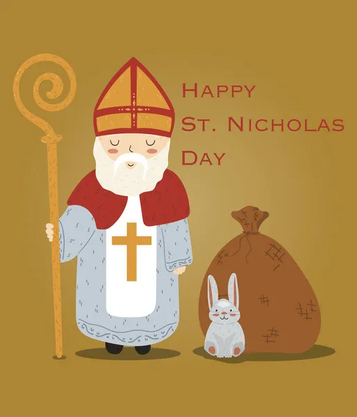Den svatého Mikuláše. Roztomilý vektor zimní přání s Mikulášem, malý králík a taška s dárky. — Stockový vektor