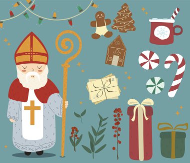 Vektör illüstrasyonunu ayarlayın ve yeşil yapraklar, Ilex, kakao, mektup, zencefilli kurabiye, hediye ve Aziz Nicholas ile ayarlayın. Hollanda bayramı Sinterklaas yeşil arka planı.