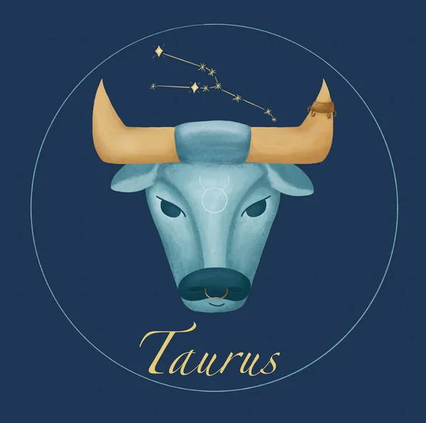 Taur semn zodiacal, simbol horoscop. Elemente astrologice mistice. Taur cu coarne de aur pe un fundal albastru închis. Constelația Taurului. Ilustrație. — Fotografie, imagine de stoc