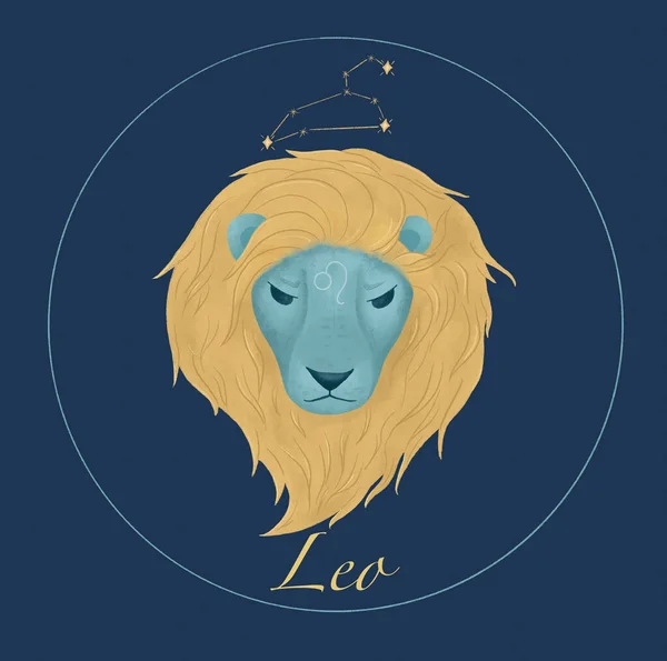 Dierenriem teken Leo horoscoop symbool. Geschilderde leeuw met een gouden manen. Het sterrenbeeld Leeuw. Illustratie voor mystieke kaarten, kalenders, ansichtkaarten, banners en andere projecten. — Stockfoto