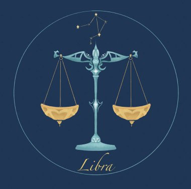 Terazi burclu Zodiac kartı. Terazi burcu, yeşil taban ve altın pullu bir resim. Terazi Takımyıldızı. Yüksek kaliteli illüstrasyon