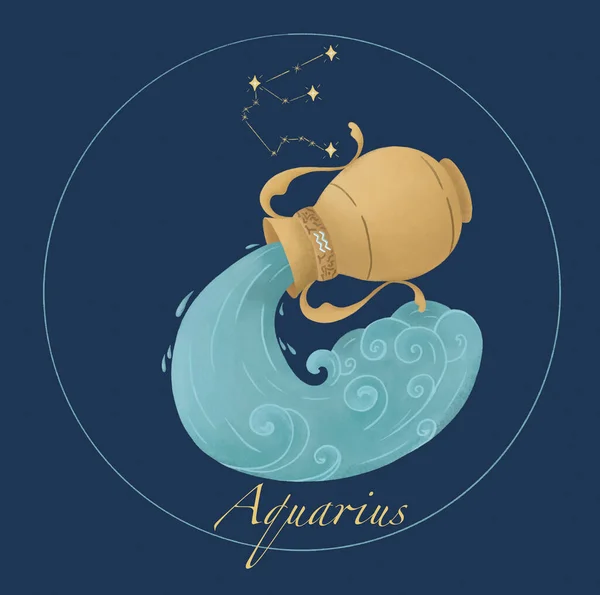 Mystical zodiac sign Aquarius. On a blue background a fragile golden amphora from which water flows.The constellation of Aquarius is depicted from above.Stylish illustration for articles and projects. — стоковое фото