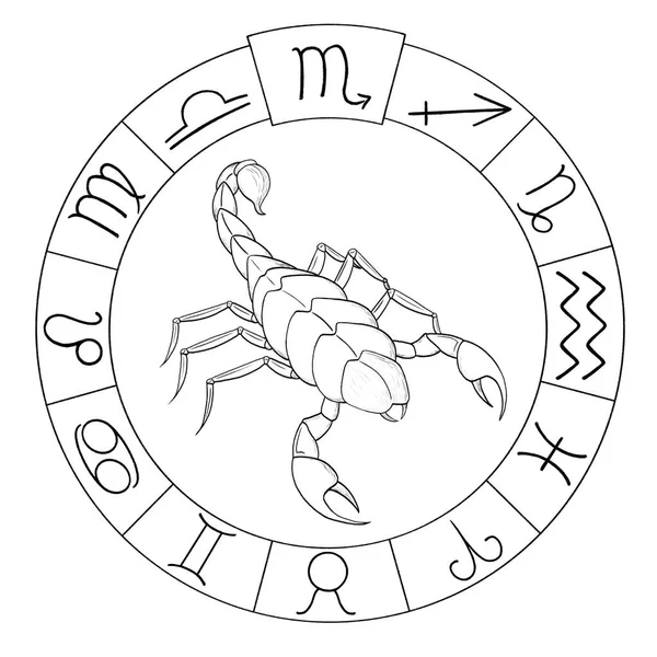 Astrological symbols in the circle. Zodiac sign Scorpion horoscope symbol. Mystical astrology elements. Sketch illustration. — Stockfoto