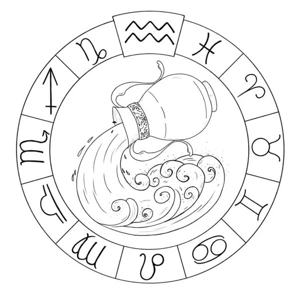 Doodle zodiac. Mystical zodiac sign Aquarius. Drawn zodiacal circle. Stylish illustration for articles and projects. Sketch illustration. — Stockfoto