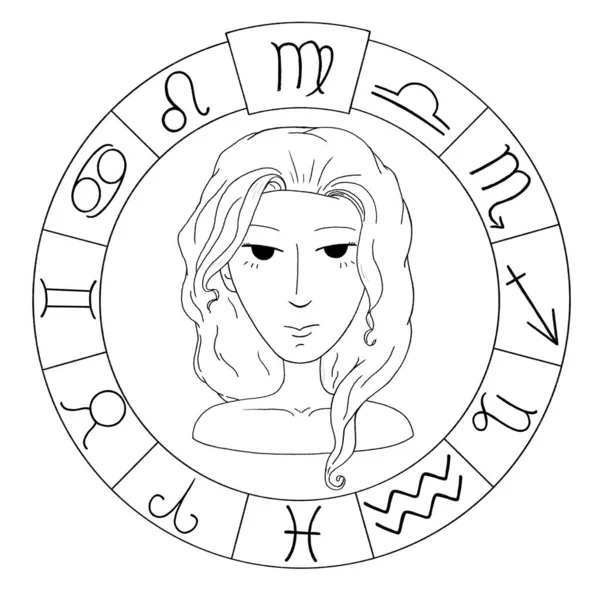 Doodle zodiac. Zodiac card with Virgo. Drawn zodiacal circle. Modern magic witchcraft card with astrology Virgo zodiac sign. Woman head logo design. Sketch Illustration. — стоковое фото