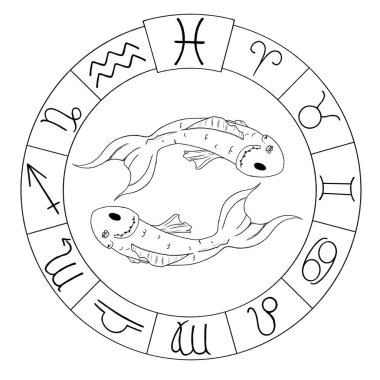 Pisces illustration of Astrology design. horoscope circle with signs of zodiac set. signs such as a aries, taurus, gemini, cancer, leo, virgo, libra, scorpio, sagittarius, capricorn,aquarius, pisces.