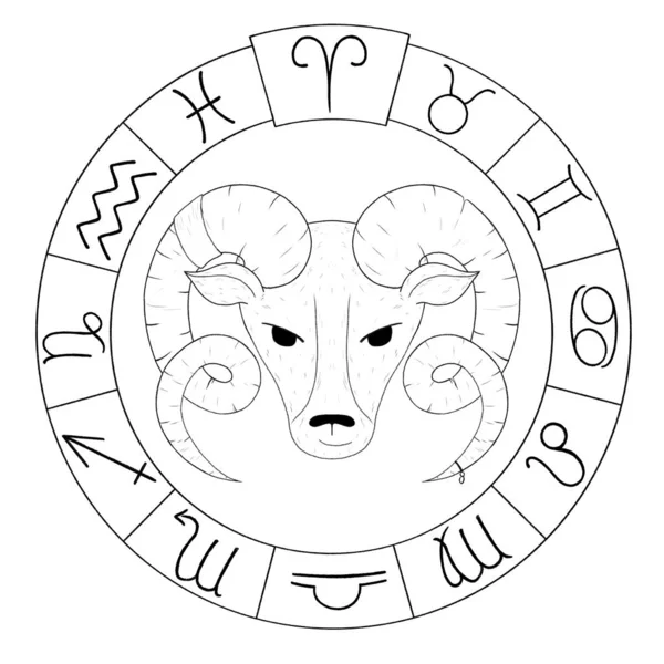 Овен ілюстрація дизайну астрології. гороскопічне коло зі знаками зодіаку. ознаки, такі як Овен, Тавр, Геміні, Рак, Лео, Діва, Лібра, Скорпіон, Сагітар, Козерог, Акваріус, рифи . — стокове фото