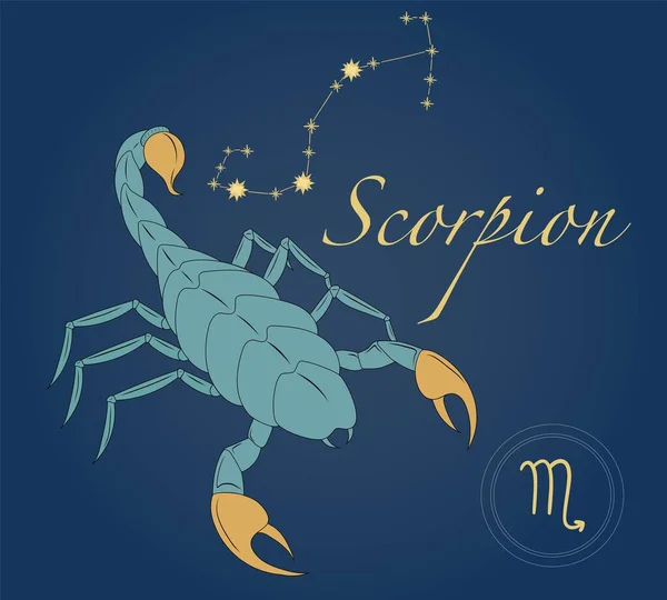 Zodiac, Scorpion burcunun sembolünü vektör olarak imzaladı. Mistik astroloji elementleri. Altın iğnesi ve pençeleri olan yeşil akrep. Takımyıldızı Akrep. Takvim, kartlar, pankartlar ve diğer resimler. — Stok Vektör