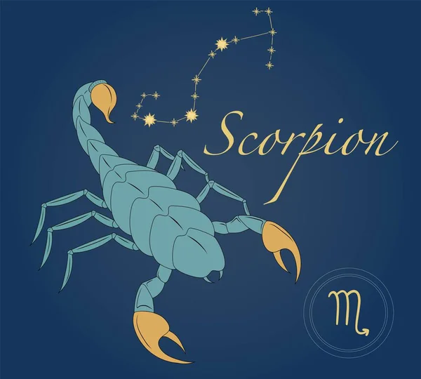 Zodiak teken Schorpioen horoscoop symbool in vector. Mystieke astrologie elementen. Groene schorpioen met gouden angel en klauwen. Sterrenbeeld Schorpioen. Illustratie voor agenda, kaarten, banners en andere. — Stockvector