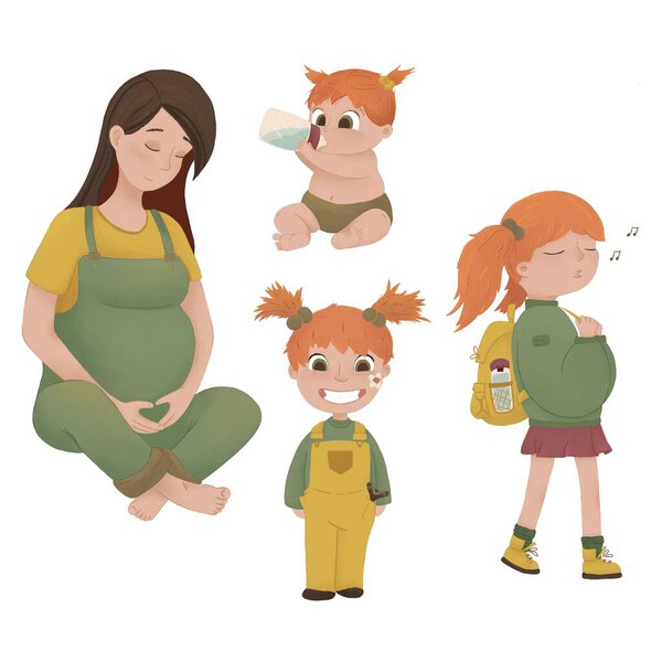 Illustration with cartoon girls, women of different ages. Female growing up. Pregnant mom, baby, children and schoolgirl.