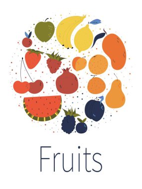 Organik meyve çemberi şekilli kiraz, muz, çilek, mango, karpuz, portakal, yeşil elma, yabanmersini, limon, ahududu, armut, mandalina, göbek, erik, kepekli beyaz arka plan. Vektör kartı.