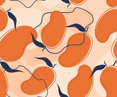 Doodle mangosu ve soyut elementler. Mangolu arka plan. Vektör kusursuz desen. El çizimi çizimleri.