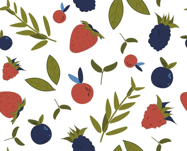 Frische Beeren und Blatt nahtlose Muster. Brombeere, Blaubeere, Preiselbeere, Erdbeere und verschiedene Blätter. Farbige Illustration im handgezeichneten Stil. Vektorwiederholung Hintergrund. — Stockvektor