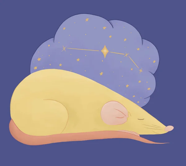 Cartoon childrens illustration of a mouse sleeping near the clouds. A cloud with the constellation of Aries and the starry sky. Can be used for poster, card, clothing, baby shower celebration etc. — Stock Photo, Image