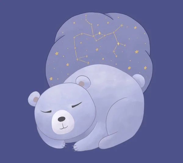 Dibujos animados ilustración infantil de un oso polar durmiendo cerca de las nubes. Una nube con la constelación de Sagitario. Para cartel, tarjeta, camiseta, ropa, fiesta de la ducha del bebé, zodiaco del bebé etc.. — Foto de Stock