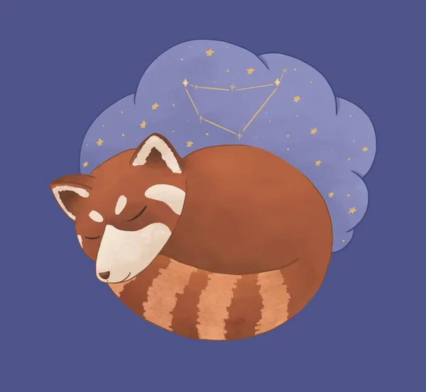 Zodiac for children with cute animals. Red panda sleeping and dreaming with a star map. The constellation of Capricorn. Bunny cartoon illustration in pastel colors. Nursery poster. — Stock Photo, Image