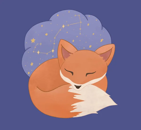Zodiac for children with cute animals. Fox sleeping and dreaming with a star map. The constellation of Scorpion. Cartoon illustration in pastel colors. Nursery poster. — Stock Photo, Image