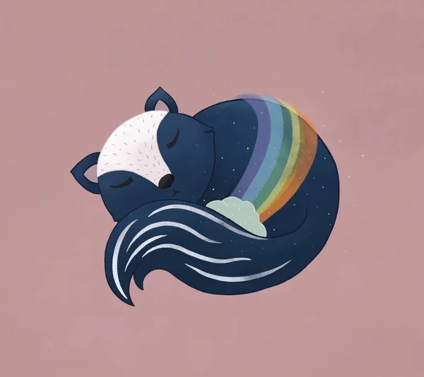 眠っているスカンクのイラスト。虹の中の眠っている動物の子供のイラスト。子供部屋、ポスターや子供の本のためのかわいいイラスト。寄席風 — ストック写真