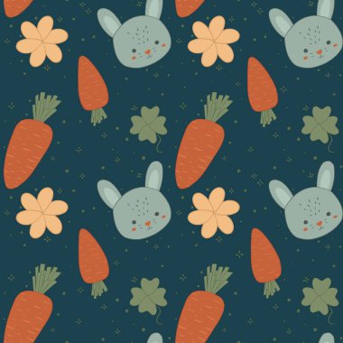 Tavşanlar, havuçlar ve çiçeklerle kusursuz şirin bir desen. Yaban tavşanları ve yoncalarla Paskalya bahar tasarımı. Çizgi film çizimi. çocuk tekstil, kartpostallar, afişler, posterler vs. için desen.