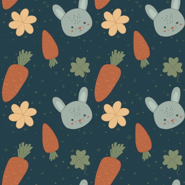 A cute seamless pattern with rabbits, carrots and flowers. Easter spring design with hares and clover. Cartoon illustration. pattern for childrens textiles, postcards, banners, posters and etc. — Stock Photo, Image