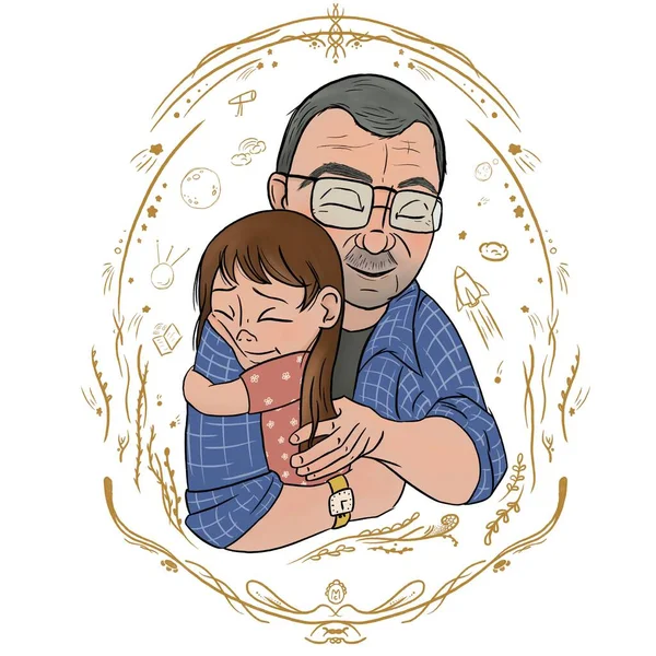 A father hugs his cute little daughter. Happy fathers day. Tender illustration of a lonely father. Girl sitting in her dads arms. Cartoon illustration. Doodle style. — ストック写真