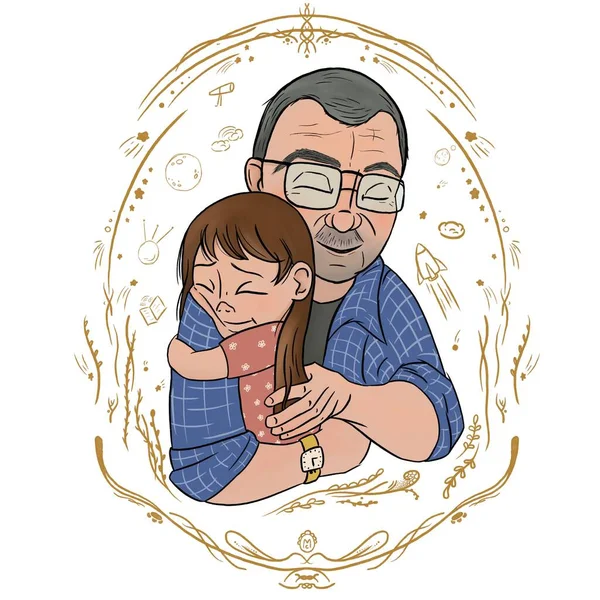 A father hugs his cute little daughter. Happy fathers day. Tender illustration of a lonely father. Girl sitting in her dads arms. Cartoon illustration. Doodle style.