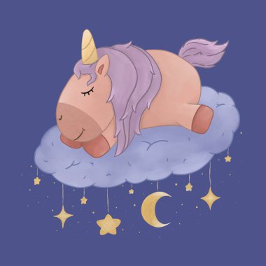 Yıldızlı, sihirli, tatlı, uyuyan tek boynuzlu at. Tek boynuzlu at çizgi film karakteri. Etrafı bulutlar ve kawaii tarzında çizilmiş yıldızlar ile çevrili. Baskı için sevimli kız tasarımı. Baskı, poster, tekstil, kartlar için resim.
